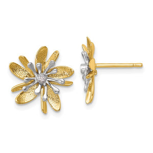 14K Two-Tone Polished and Textured Diamond Flower Earrings