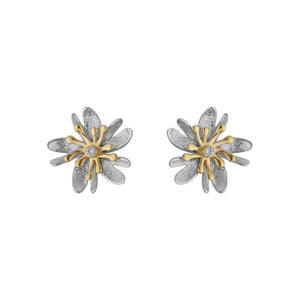 Silver, 14k Gold and Diamond Flower Earrings