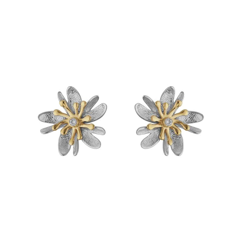 Silver, 14k Gold and Diamond Flower Earrings