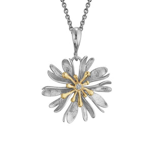 Silver, 14 k Gold and Diamond Flower Pendant